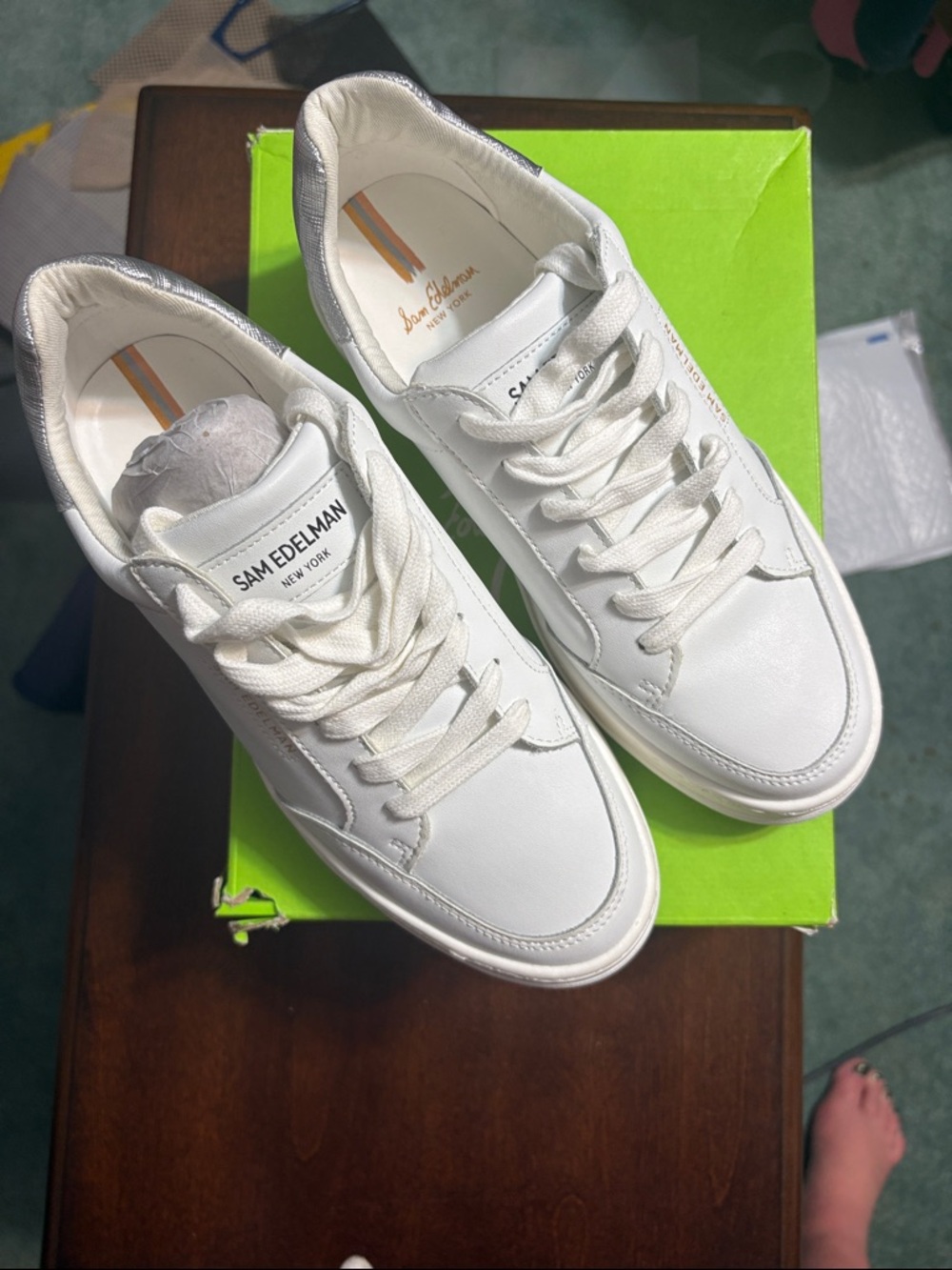 Sam Edelman White Leather Low-Top Sneakers with Silver Heel